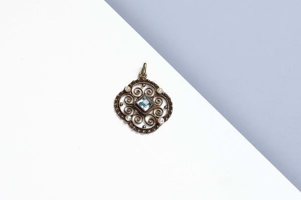 14 ct. Yellow Gold Pendant - Aquamarine - Pearl