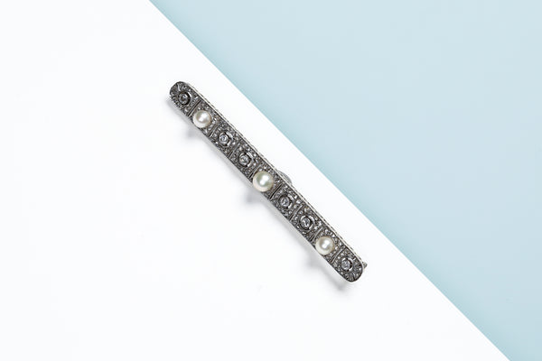 14 ct. White Gold Brooch - Diamonds - Pearls