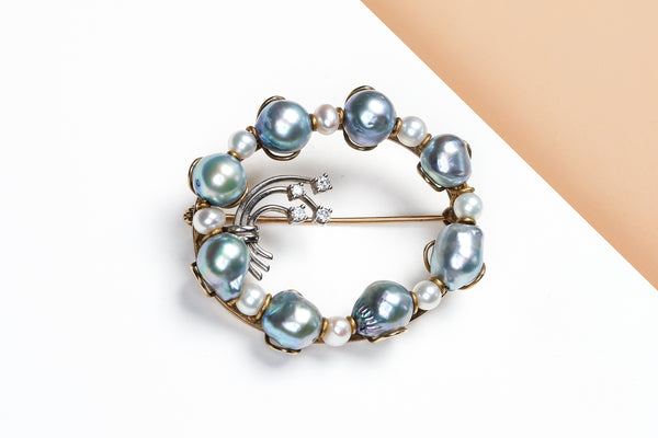 14 ct. Yellow Gold Brooch - Diamonds - Pearls