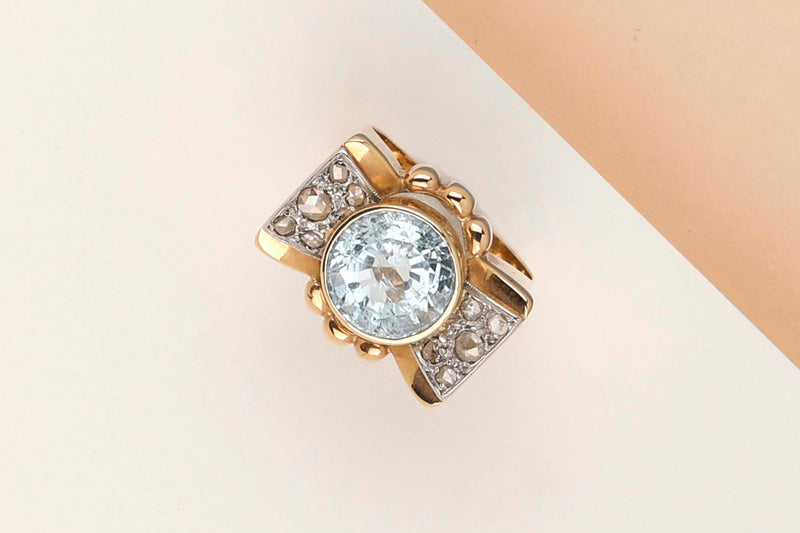 18 ct. Yellow Gold Ring - Diamond - Aquamarinen