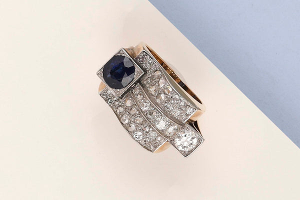 18 ct. Rose Gold Ring - Diamond - Sapphire - Size 53