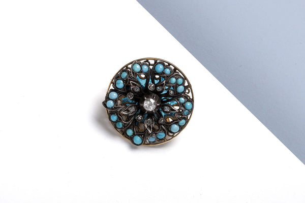 14 ct. Yellow Gold Brooch - Turquoise - Diamonds