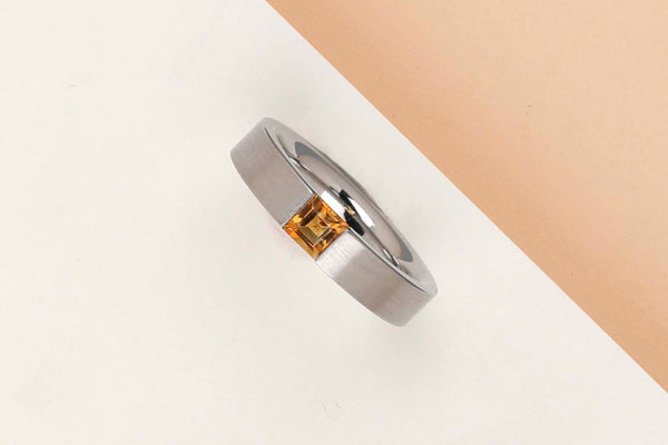 Steel Ring with Orange Colour Gem