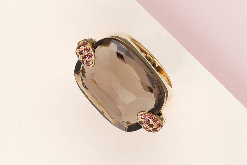 18 ct. Yellow Gold Ring - Smoke Quartz - Rubies