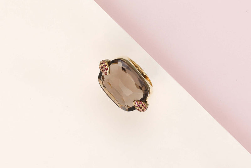 18 ct. Yellow Gold Ring - Smoke Quartz - Rubies