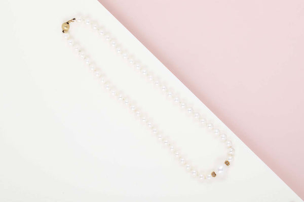 Pearl Necklace - Yellow Gold & Diamonds - 46CM