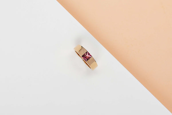 Tank Ring - Yellow Gold & Pink Tourmaline - Size 55 - B