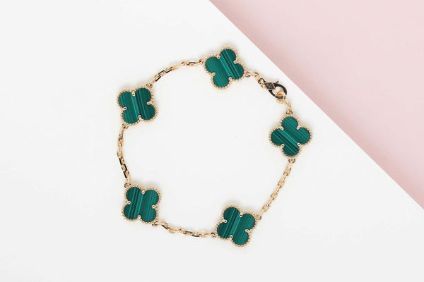 Vintage Alhambra Bracelet - 5 Motifs - Yellow Gold & Malachite - 19CM - B&P