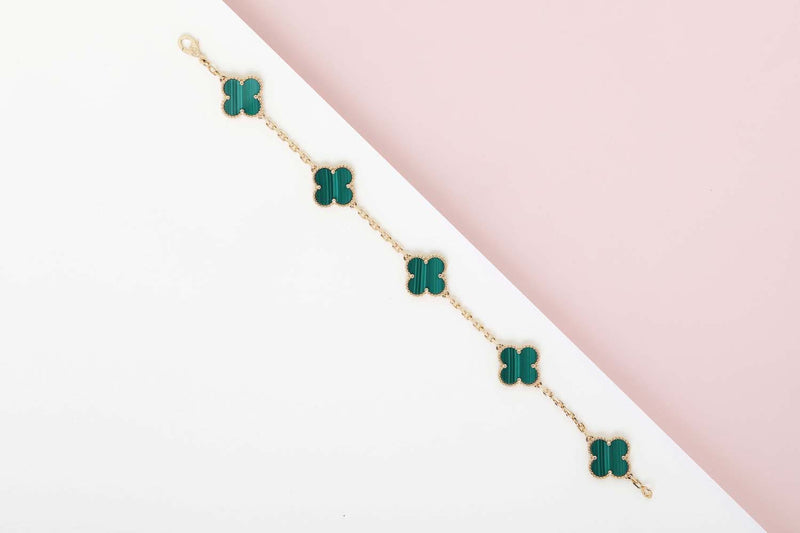 Vintage Alhambra Bracelet - 5 Motifs - Yellow Gold & Malachite - 19CM - B&P