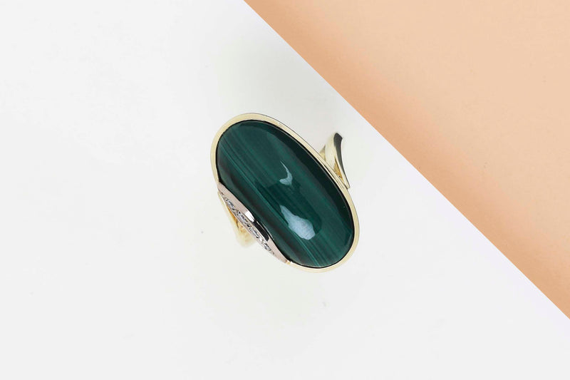 14 ct. Yellow Gold Ring - Diamond - Malachite - Size 56