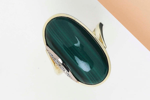 14 ct. Yellow Gold Ring - Diamond - Malachite - Size 56