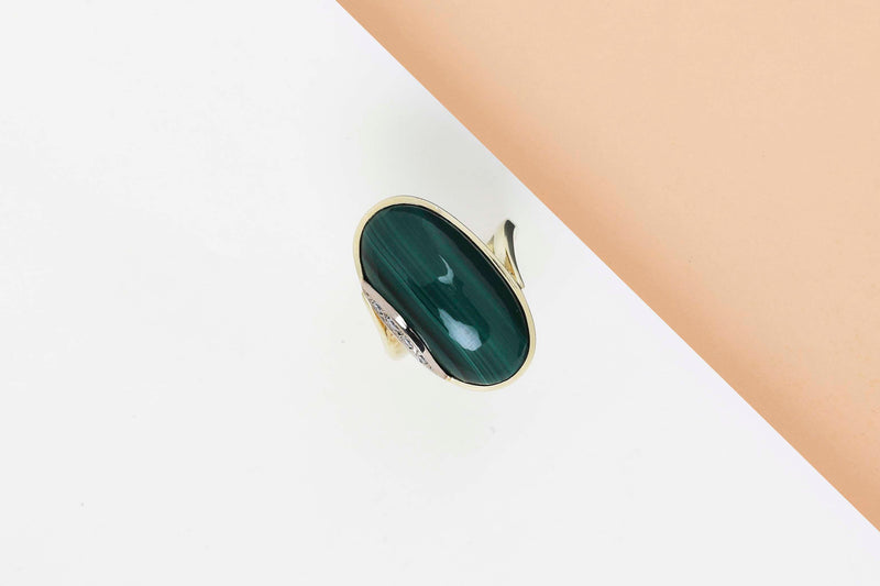 14 ct. Yellow Gold Ring - Diamond - Malachite - Size 56