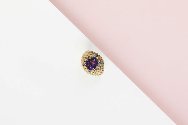 18 ct. Yellow Gold Ring - Diamond - Amethyst - Size 49