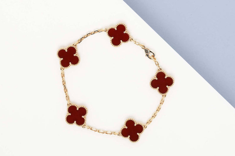 Vintage Alhambra Bracelet - 5 Motifs - Yellow Gold & Carnelian - 19CM - B&P