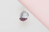 18ct. White Gold Ring - Size 54 - Biwa leak Pearl - 11 Trappist Diamonds - 9 Rubies Carre Facet