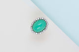 18ct. White Gold Ring - Size 54 - Chrysopraas - 12 Big Round Diamonds - 12 Small Round Diamonds