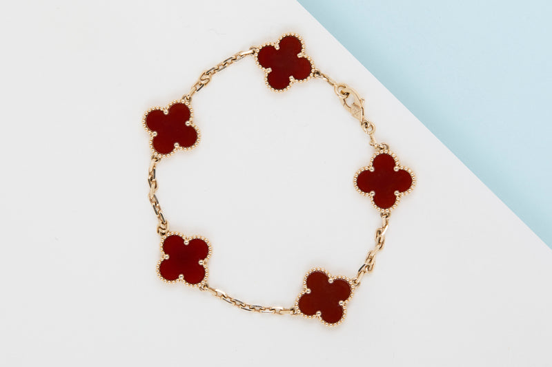 Vintage Alhambra Bracelet - 5 Motifs - Yellow Gold & Carnelian - 19CM - B&P