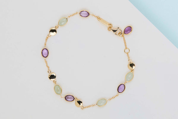 18ct. Yellow Gold Bracelet - Amethyst & Aquamarine - 19CM