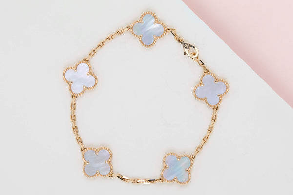 Vintage Alhambra Bracelet - 5 Motifs - Yellow Gold & Mother Of Pearl - 19.5CM - B&P
