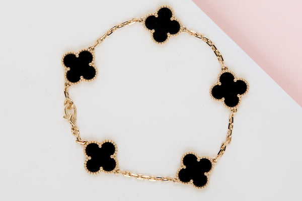 Vintage Alhambra Bracelet - 5 Motifs - Yellow Gold & Onyx - 19CM - B&P