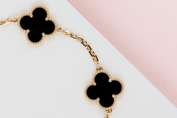 Vintage Alhambra Bracelet - 5 Motifs - Yellow Gold & Onyx - 19CM - B&P