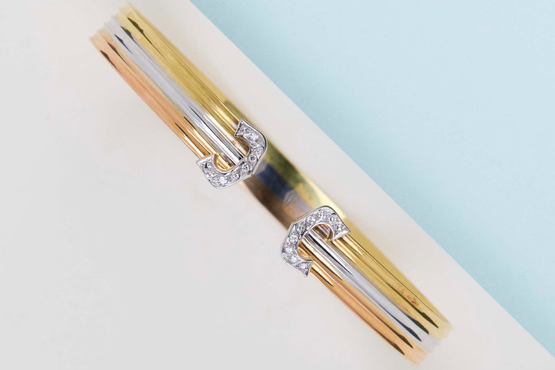 18ct. Yellow/Rose/White Gold Bracelet - Diamond Encrusted Ends - 18CM