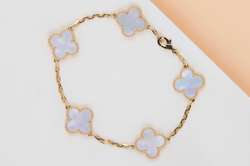 Vintage Alhambra Bracelet - 5 Motifs - Yellow Gold & Mother of Pearl - 19.5CM - B&P