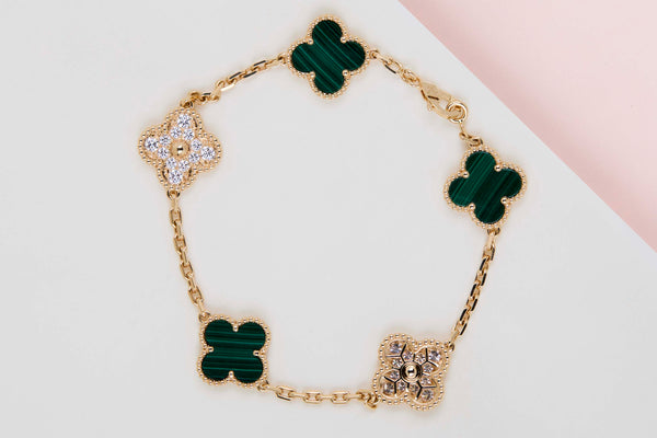 Vintage Alhambra Bracelet - 5 Motifs - Malachite & Diamonds - 19.5CM - B&P