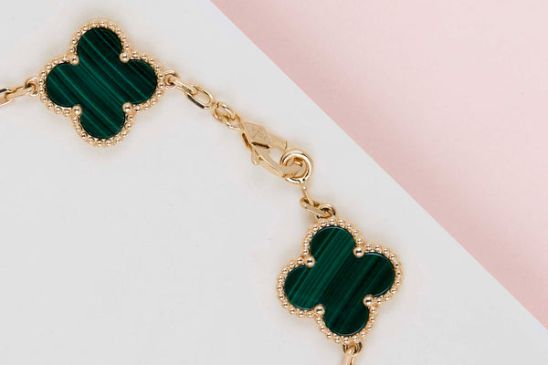 Vintage Alhambra Bracelet - 5 Motifs - Malachite & Diamonds - 19.5CM - B&P