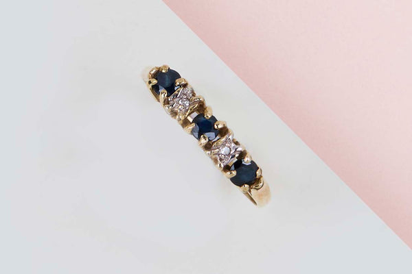 14ct. Yellow Gold Ring - Sapphire & Diamonds - Size 56