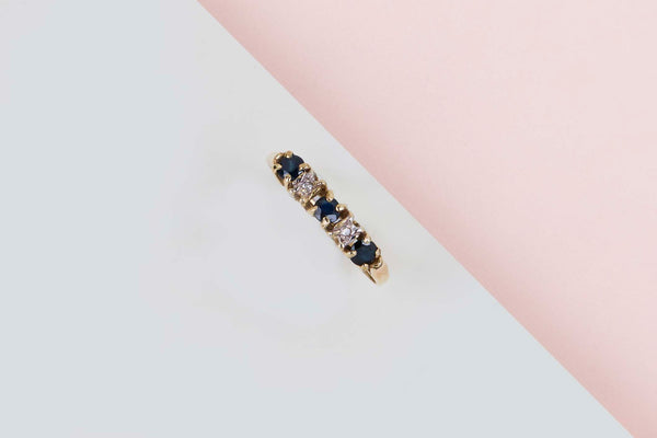14ct. Yellow Gold Ring - Sapphire & Diamonds - Size 56