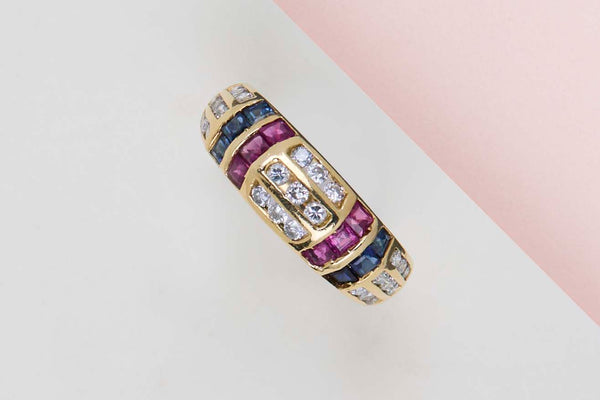18ct. Yellow Gold Ring - Diamonds Sapphires Rubies - Size 50