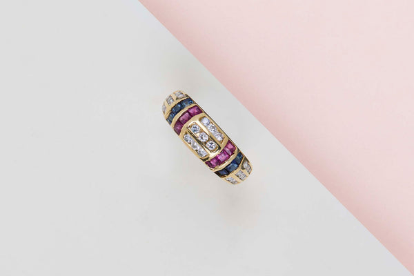 18ct. Yellow Gold Ring - Diamonds Sapphires Rubies - Size 50