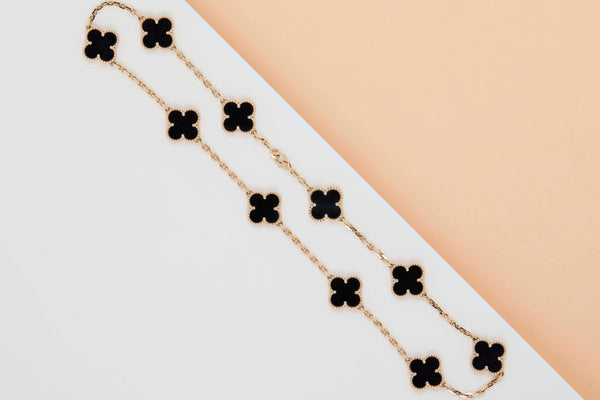 Vintage Alhambra Necklace - Yellow Gold - 10 Motifs - Onyx - 42CM - B&P