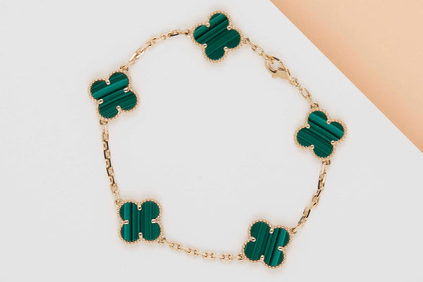 Vintage Alhambra Bracelet - 5 Motifs - Yellow Gold & Malachite - 19.5CM - B&P