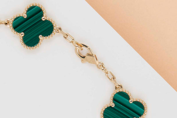 Vintage Alhambra Bracelet - 5 Motifs - Yellow Gold & Malachite - 19.5CM - B&P