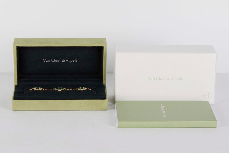 Vintage Alhambra Bracelet - 5 Motifs - Yellow Gold & Malachite - 19.5CM - B&P