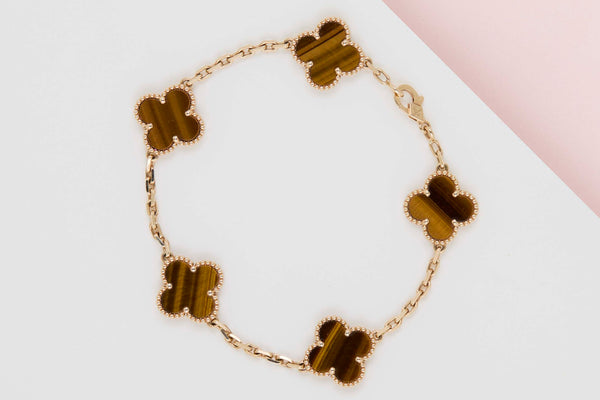 Vintage Alhambra Bracelet - 5 Motifs - Yellow Gold & Tiger Eye - 19.5CM - B&P