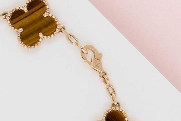 Vintage Alhambra Bracelet - 5 Motifs - Yellow Gold & Tiger Eye - 19.5CM - B&P
