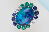 18ct. White Gold Ring - Doublet Opal - 6 Sapphires - 6 Emeralds - 4 Diamonds - Size 56