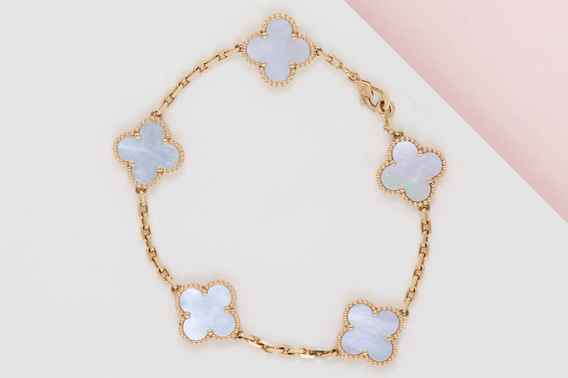 Vintage Alhambra Bracelet - 5 Motifs - Yellow Gold & Mother Of Pearl - 19,5cm - B&P