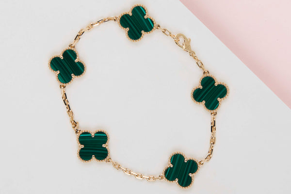 Vintage Alhambra Bracelet - 5 Motifs - Yellow Gold & Malachite - 19.5CM - B&P