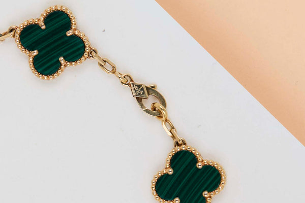 Vintage Alhambra Bracelet - 5 Motifs - Malachite & Diamonds - 19.5CM - B&P