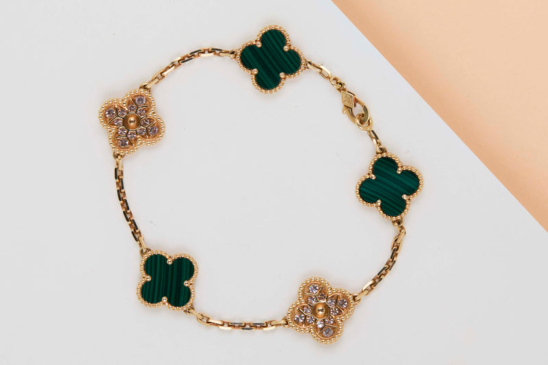 Vintage Alhambra Bracelet - 5 Motifs - Malachite & Diamonds - 19.5CM - B&P