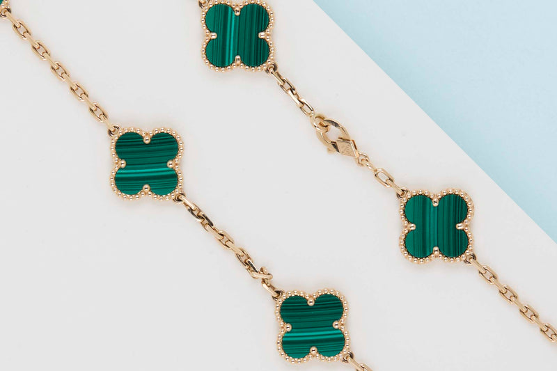 Vintage Alhambra Necklace - 10 Motifs - Malachite & Yellow Gold - 42CM - B&P