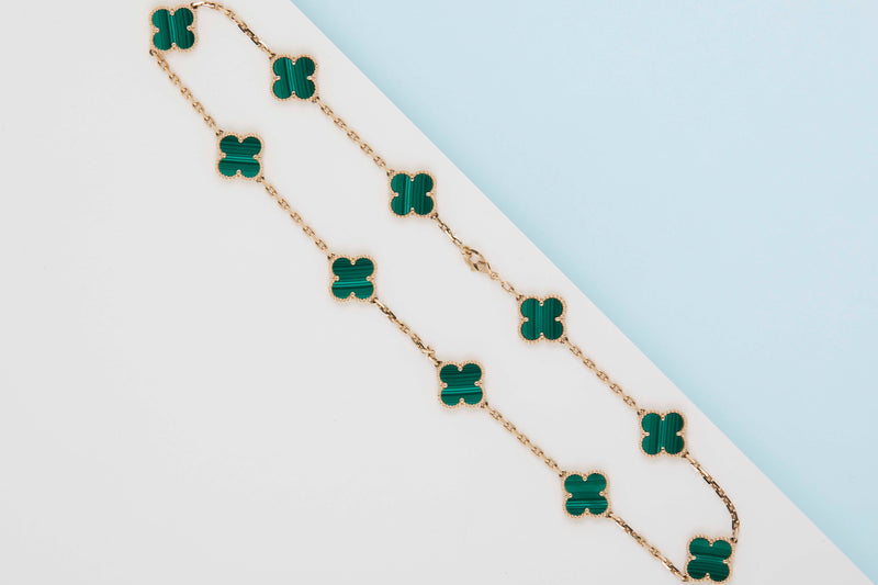 Vintage Alhambra Necklace - 10 Motifs - Malachite & Yellow Gold - 42CM - B&P
