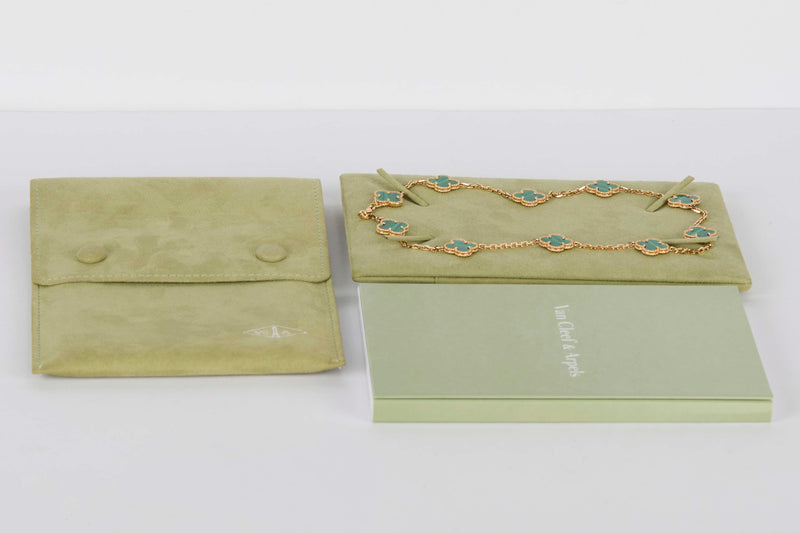 Vintage Alhambra Necklace - 10 Motifs - Malachite & Yellow Gold - 42CM - B&P