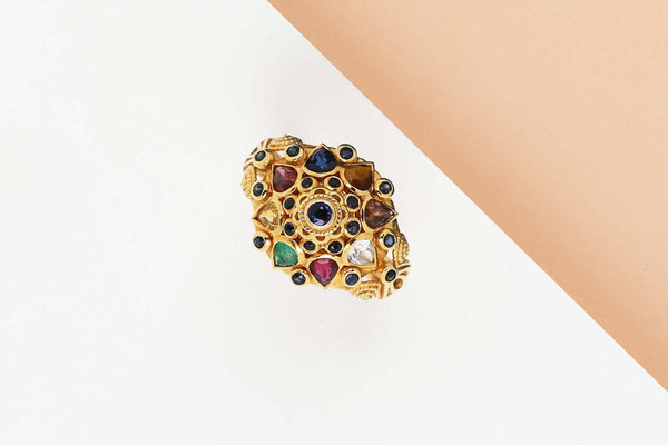 18 CT. Yellow Gold Ring - Emerald - Topaz  - Tiger Eye - Blue Sapphire - Yellow Citrine