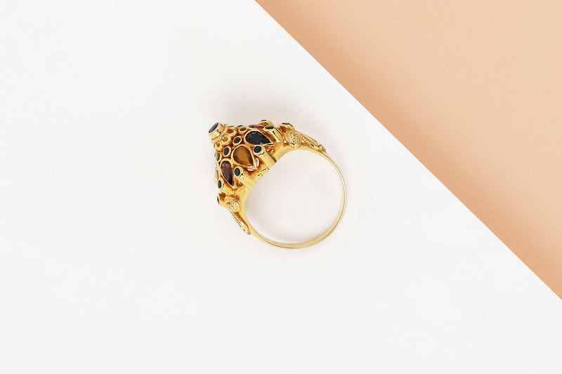 18 CT. Yellow Gold Ring - Emerald - Topaz  - Tiger Eye - Blue Sapphire - Yellow Citrine - Size 55