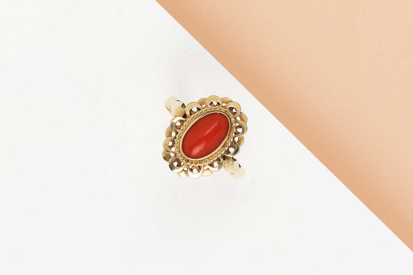 14 CT. Yellow Gold Ring  - Blood Coral